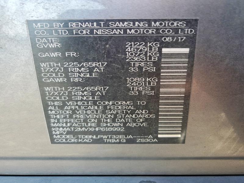 2017 Nissan Rogue მანქანა იყიდება აუქციონზე, vin: KNMAT2MVXHP618992, აუქციონის ნომერი: 62252566