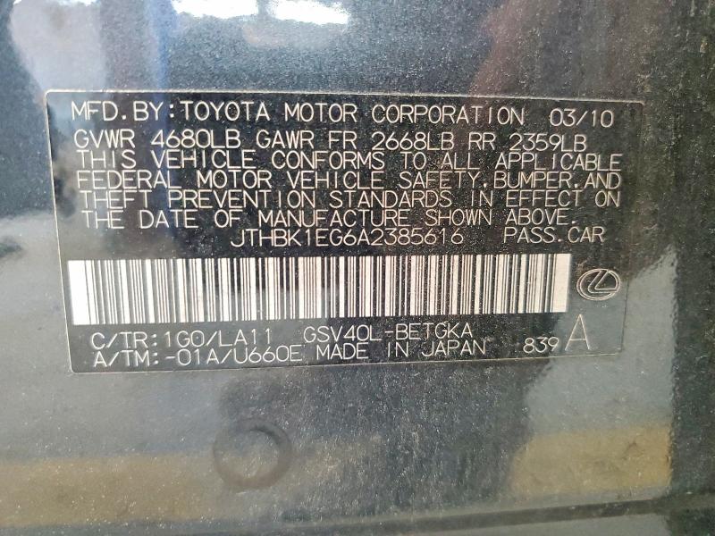 Aukcja sprzedaży 2010 Lexus Es, vin: JTHBK1EG6A2385616, numer aukcji: 61671546