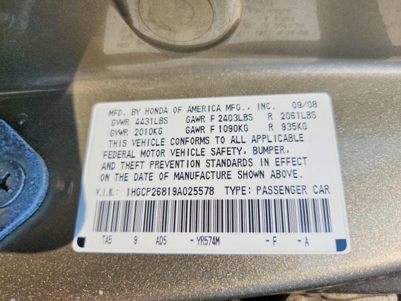 62820646 :رقم المزاد ، 1HGCP26819A025578 vin ، 2009 Honda Accord مزاد بيع