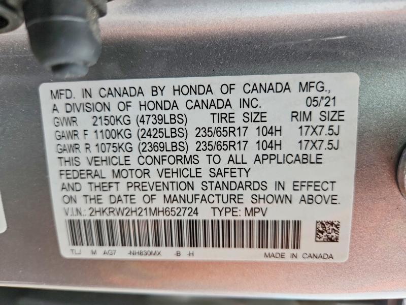 Продаж на аукціоні авто 2021 Honda Cr-v, vin: 2HKRW2H21MH652724, номер лоту: 59987066