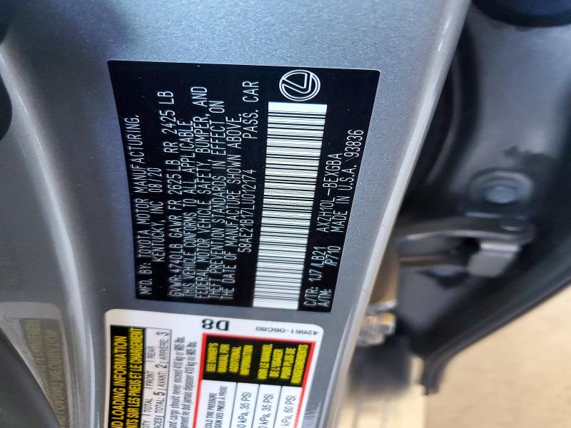 61553776 :رقم المزاد ، 58AE21B17LU012174 vin ، 2020 Lexus Es مزاد بيع