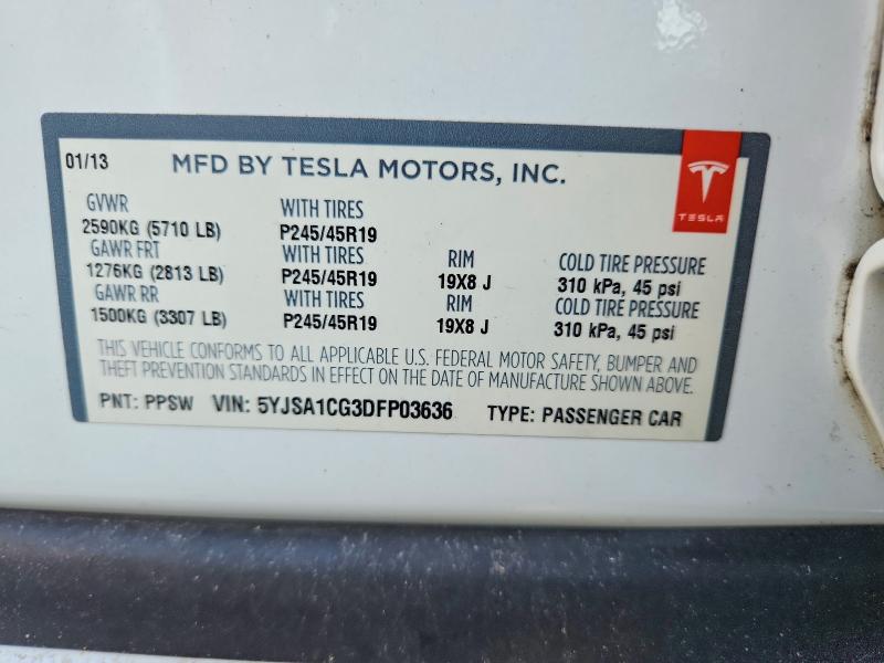 2013 Tesla Model S მანქანა იყიდება აუქციონზე, vin: 5YJSA1CG3DFP03636, აუქციონის ნომერი: 62795096