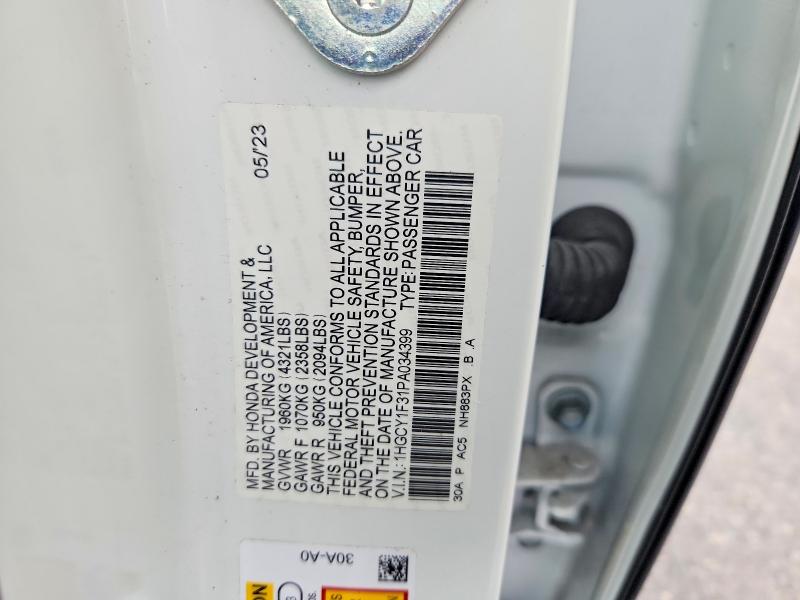 63029986 :رقم المزاد ، 1HGCY1F31PA034399 vin ، 2023 Honda Accord مزاد بيع