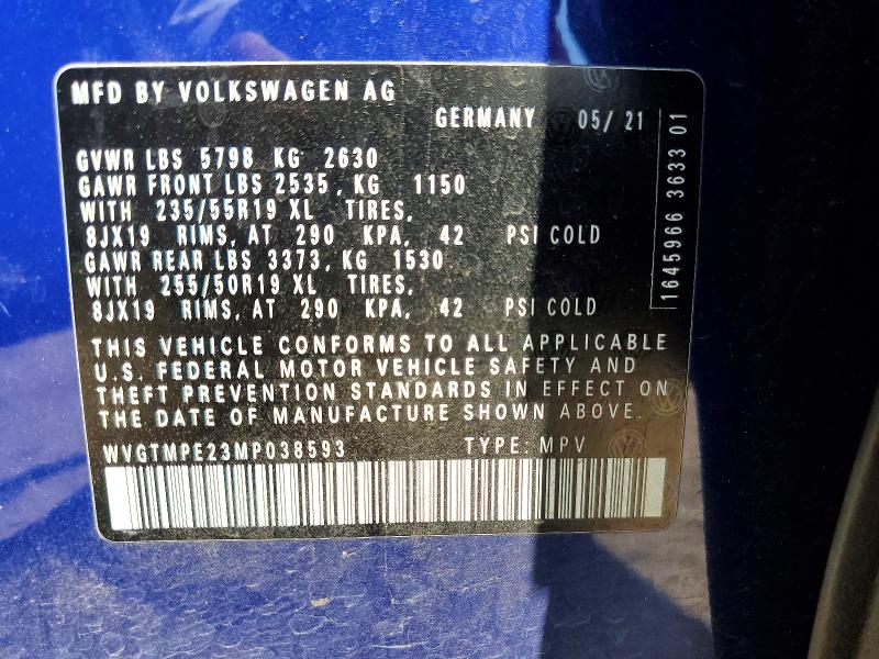 2021 Volkswagen Id.4 მანქანა იყიდება აუქციონზე, vin: WVGTMPE23MP038593, აუქციონის ნომერი: 60720356