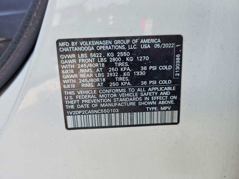 Продаж на аукціоні авто 2022 Volkswagen Atlas, vin: 1V2DP2CA5NC550103, номер лоту: 60091866