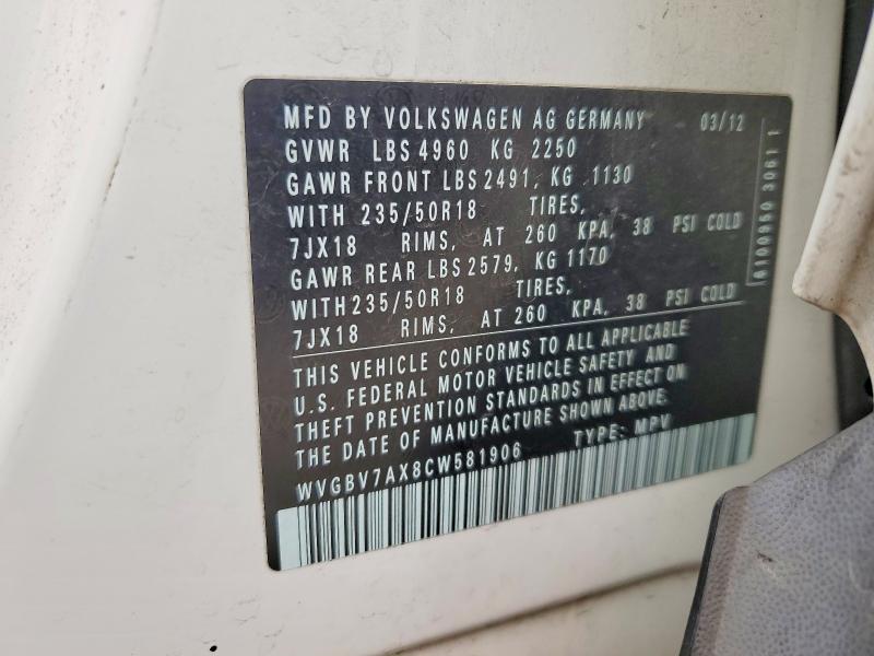 59305006 :رقم المزاد ، WVGBV7AX8CW581906 vin ، 2012 Volkswagen Tiguan مزاد بيع