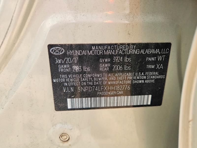 60513896 :رقم المزاد ، 5NPD74LFXHH182776 vin ، 2017 Hyundai Elantra مزاد بيع