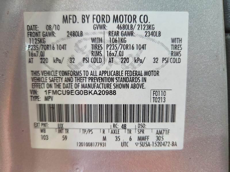 2011 Ford Escape მანქანა იყიდება აუქციონზე, vin: 1FMCU9EG0BKA20988, აუქციონის ნომერი: 61117416