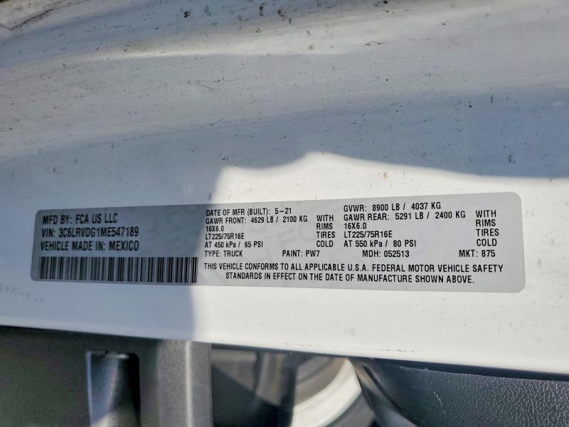 2021 Ram Promaster 2500 მანქანა იყიდება აუქციონზე, vin: 3C6LRVDG1ME547189, აუქციონის ნომერი: 60460516