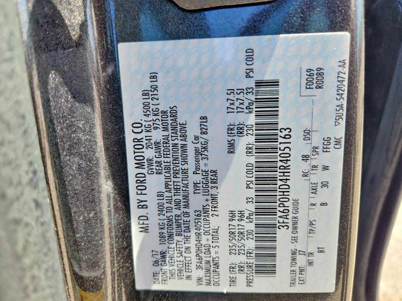 58739096 :رقم المزاد ، 3FA6P0HD4HR405163 vin ، 2017 Ford Fusion مزاد بيع