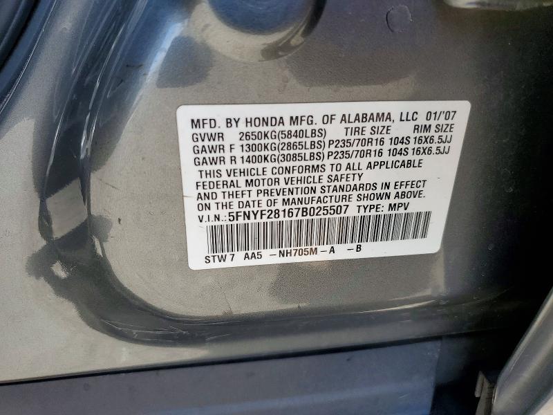 Продаж на аукціоні авто 2007 Honda Pilot, vin: 5FNYF28167B025507, номер лоту: 62573726