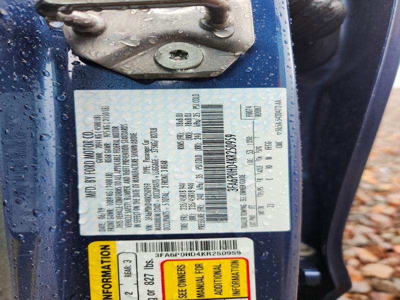61031746 :رقم المزاد ، 3FA6P0HD4KR250959 vin ، 2019 Ford Fusion مزاد بيع
