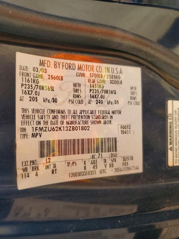 Продажа на аукционе авто 2003 Ford Explorer, vin: 1FMZU62K13ZB01802, номер лота: 61024536