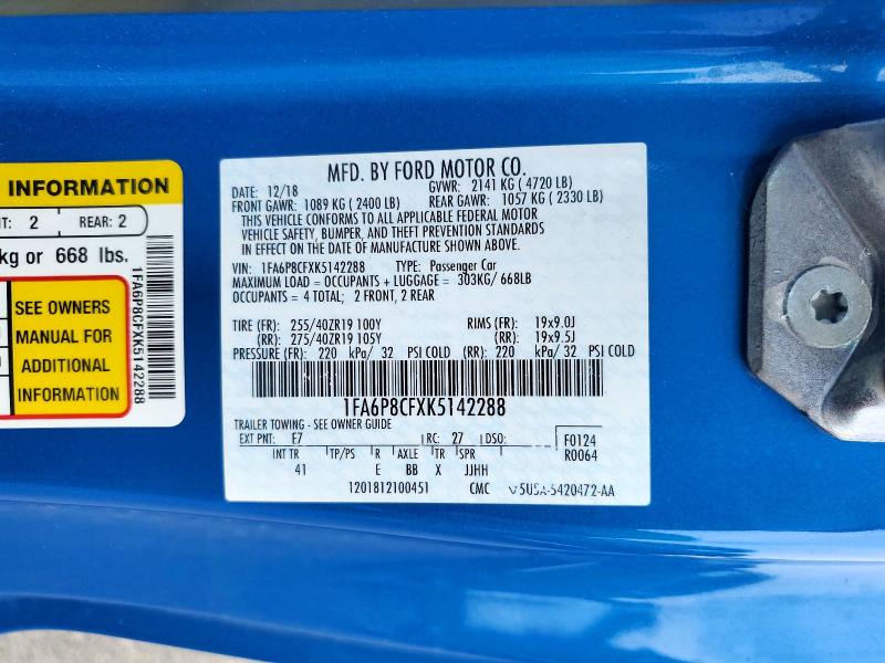 2019 Ford Mustang მანქანა იყიდება აუქციონზე, vin: 1FA6P8CFXK5142288, აუქციონის ნომერი: 60651726