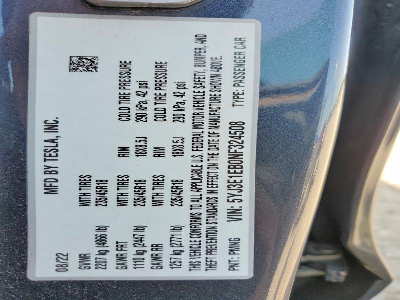 Aukcja sprzedaży 2022 Tesla Model 3, vin: 5YJ3E1EB0NF324508, numer aukcji: 85985215