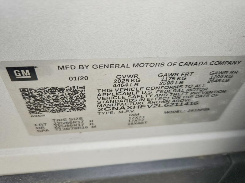 Aukcja sprzedaży 2020 Chevrolet Equinox, vin: 2GNAXHEV2L6211416, numer aukcji: 62939586