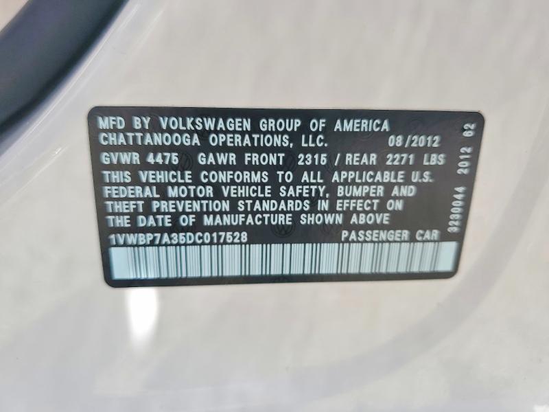 Продаж на аукціоні авто 2013 Volkswagen Passat, vin: 1VWBP7A35DC017528, номер лоту: 62626256