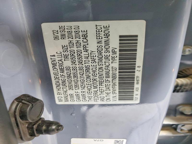 Продаж на аукціоні авто 2022 Honda Pilot, vin: 5FNYF6H77NB061327, номер лоту: 61133726