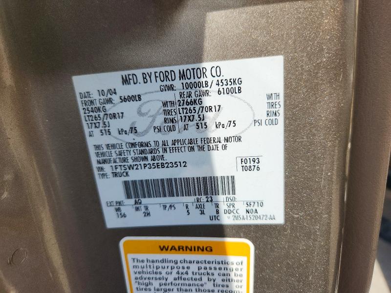 Продажа на аукционе авто 2005 Ford F250 Super Duty, vin: 1FTSW21P35EB23512, номер лота: 62900446