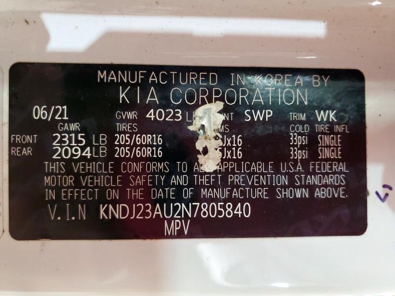 61469246 :رقم المزاد ، KNDJ23AU2N7805840 vin ، 2022 Kia Soul ! مزاد بيع