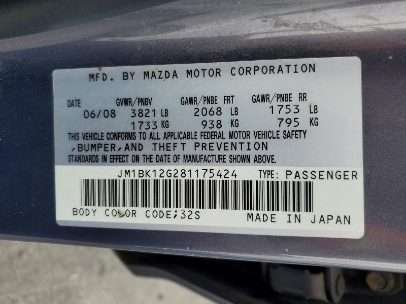 61091896 :رقم المزاد ، JM1BK12G281175424 vin ، 2008 Mazda 3 مزاد بيع