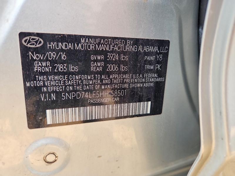 61210096 :رقم المزاد ، 5NPD74LF5HH158501 vin ، 2017 Hyundai Elantra مزاد بيع