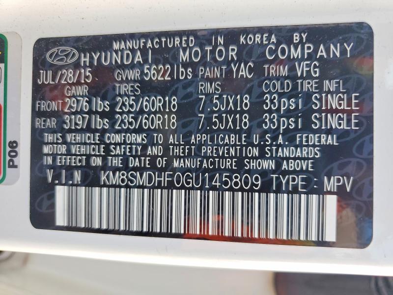 Aukcja sprzedaży 2016 Hyundai Santa Fe, vin: KM8SMDHF0GU145809, numer aukcji: 63364146