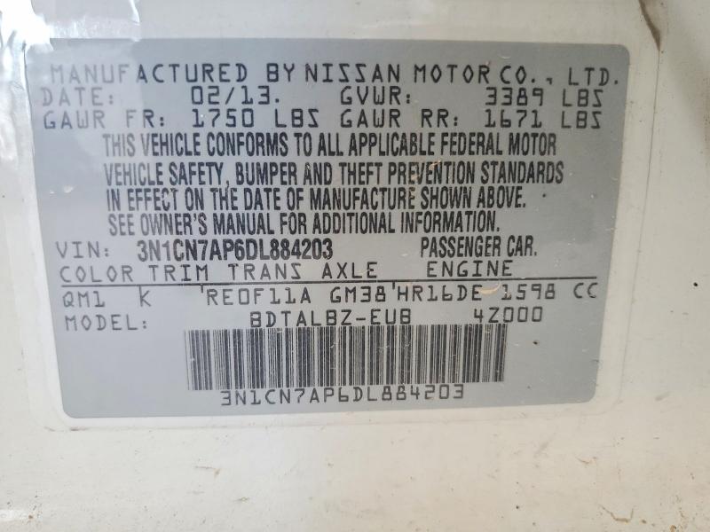 Продаж на аукціоні авто 2013 Nissan Versa, vin: 3N1CN7AP6DL884203, номер лоту: 62986386