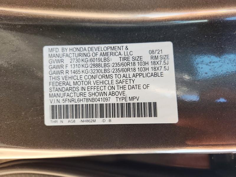 2022 Honda Odyssey მანქანა იყიდება აუქციონზე, vin: 5FNRL6H78NB041097, აუქციონის ნომერი: 62952726
