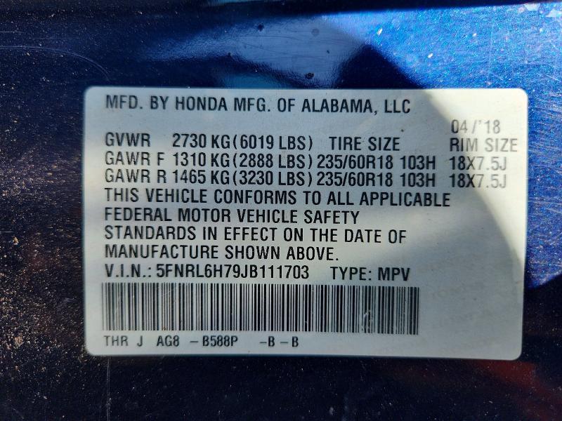 2018 Honda Odyssey მანქანა იყიდება აუქციონზე, vin: 5FNRL6H79JB111703, აუქციონის ნომერი: 62595736