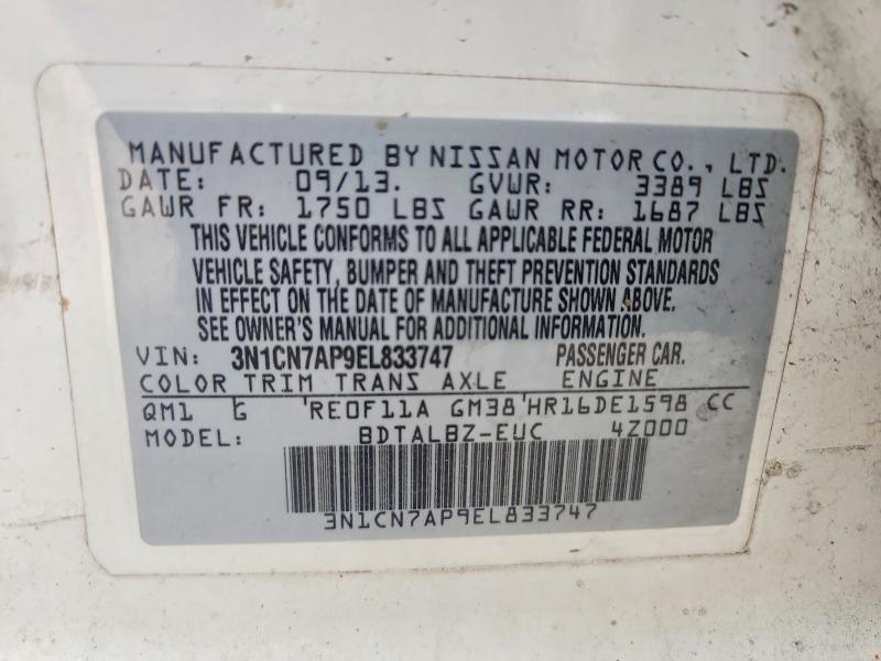 2014 Nissan Versa მანქანა იყიდება აუქციონზე, vin: 3N1CN7AP9EL833747, აუქციონის ნომერი: 61203136