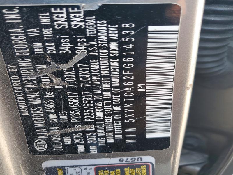 Продаж на аукціоні авто 2015 Kia Sorento, vin: 5XYKTCA62FG614538, номер лоту: 59898506