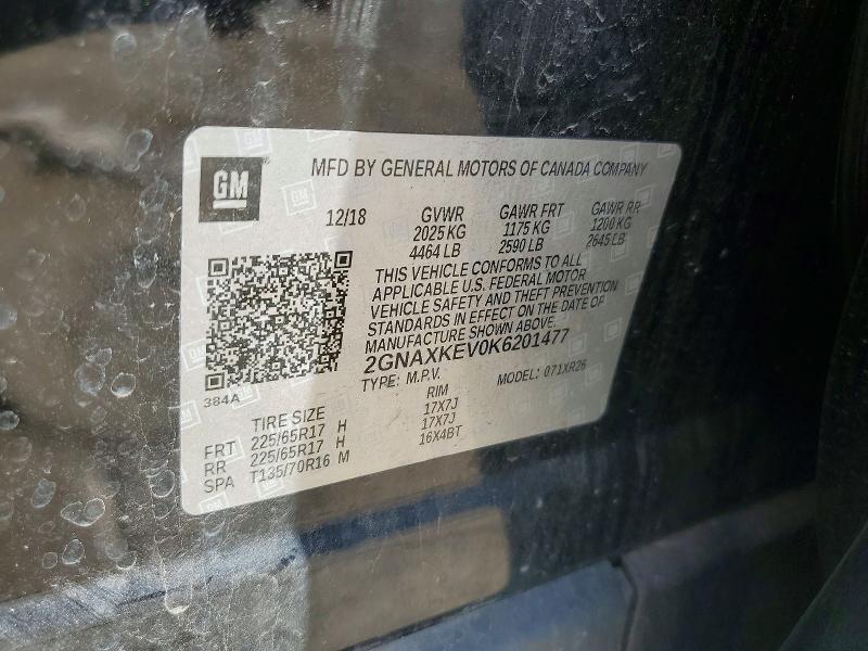 2019 Chevrolet Equinox მანქანა იყიდება აუქციონზე, vin: 2GNAXKEV0K6201477, აუქციონის ნომერი: 57715256