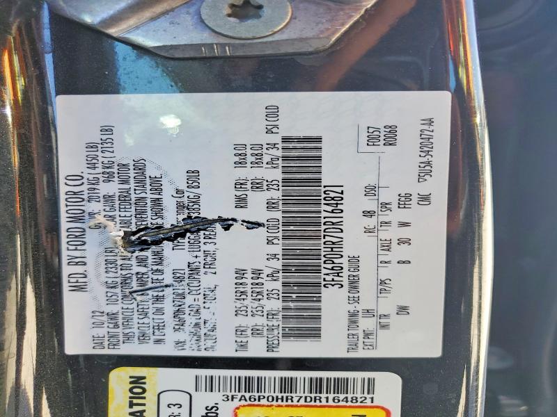 60222986 :رقم المزاد ، 3FA6P0HR7DR164821 vin ، 2013 Ford Fusion مزاد بيع