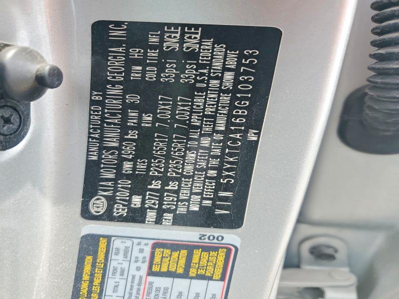 63169416 :رقم المزاد ، 5XYKTCA16BG103753 vin ، 2011 Kia Sorento مزاد بيع