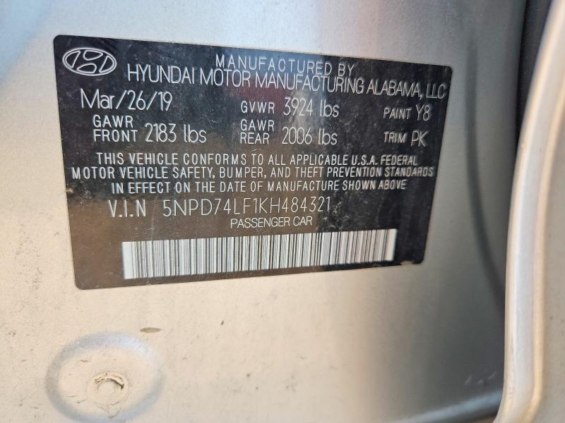 Auction sale of the 2019 Hyundai Elantra, vin: 5NPD74LF1KH484321, lot number: 62528206