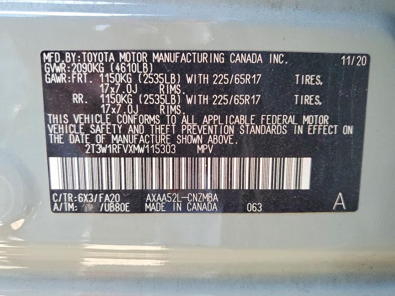 61233856 :رقم المزاد ، 2T3W1RFVXMW115303 vin ، 2021 Toyota Rav4 مزاد بيع