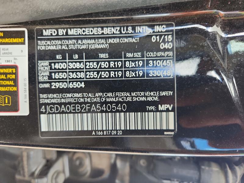 59215676 :رقم المزاد ، 4JGDA0EB2FA540540 vin ، 2015 Mercedes-benz Ml مزاد بيع