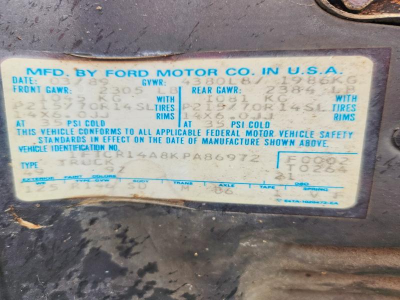 1989 Ford Ranger მანქანა იყიდება აუქციონზე, vin: 1FTCR14A8KPA86972, აუქციონის ნომერი: 62481466
