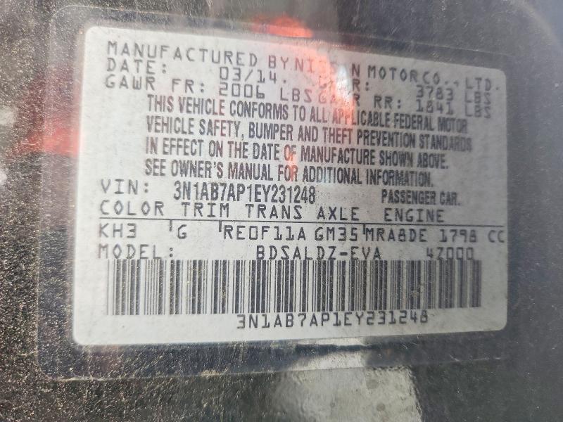 2014 Nissan Sentra მანქანა იყიდება აუქციონზე, vin: 3N1AB7AP1EY231248, აუქციონის ნომერი: 61354316