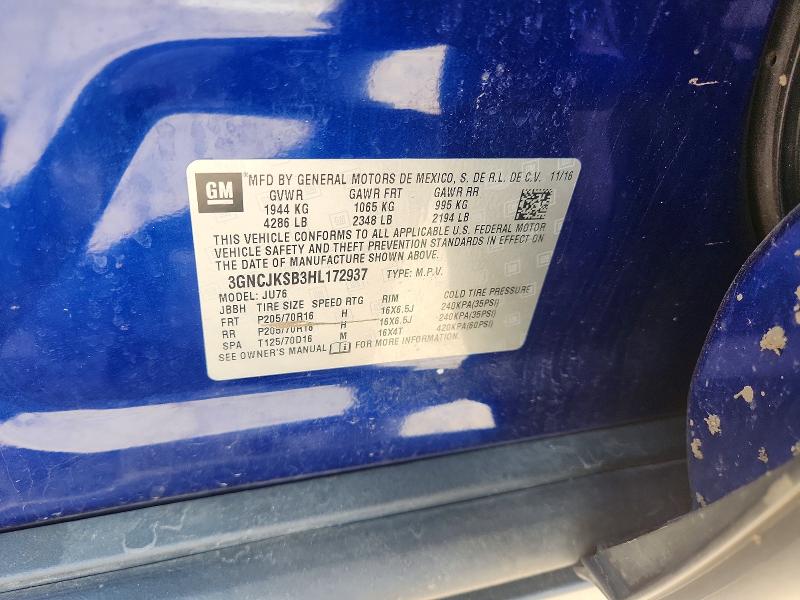 2017 Chevrolet Trax მანქანა იყიდება აუქციონზე, vin: 3GNCJKSB3HL172937, აუქციონის ნომერი: 62990776