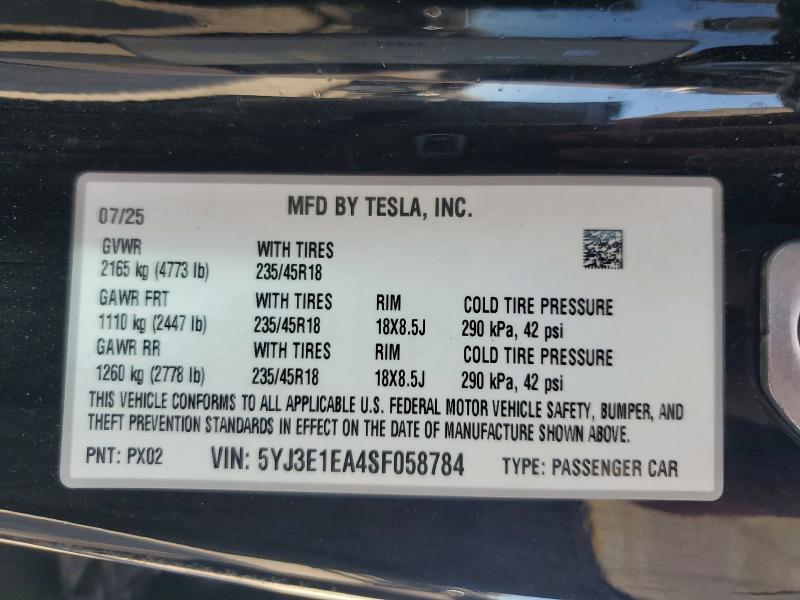 Aukcja sprzedaży 2025 Tesla Model 3, vin: 5YJ3E1EA4SF058784, numer aukcji: 62547376