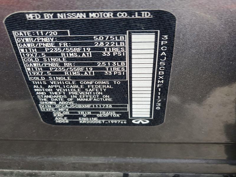 Aukcja sprzedaży 2021 Infiniti Qx50, vin: 3PCAJ5CBXMF111738, numer aukcji: 60005046