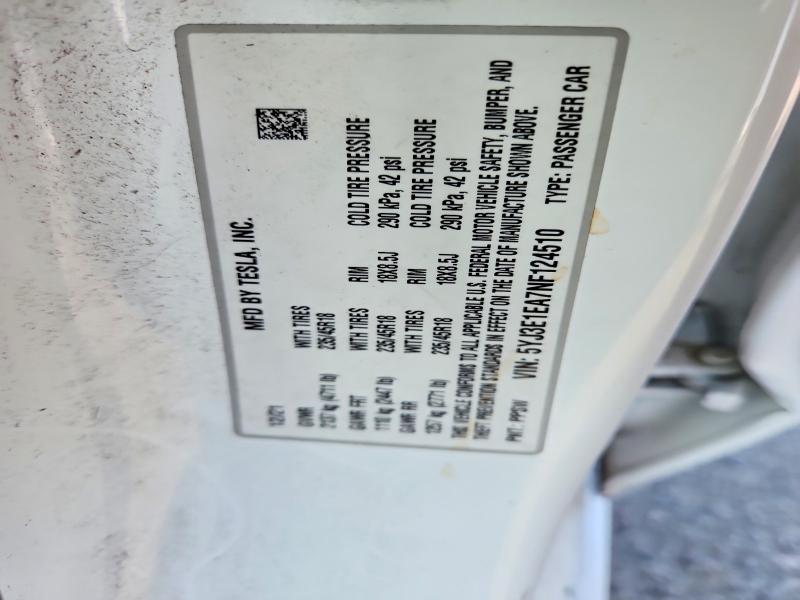 61957456 :رقم المزاد ، 5YJ3E1EA7NF124510 vin ، 2022 Tesla Model 3 مزاد بيع