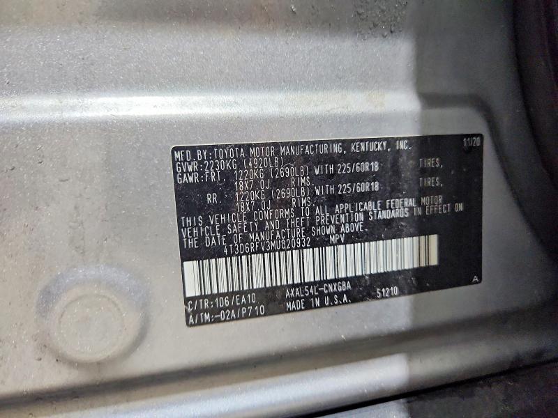 61991126 :رقم المزاد ، 4T3D6RFV3MU020932 vin ، 2021 Toyota Rav4 مزاد بيع