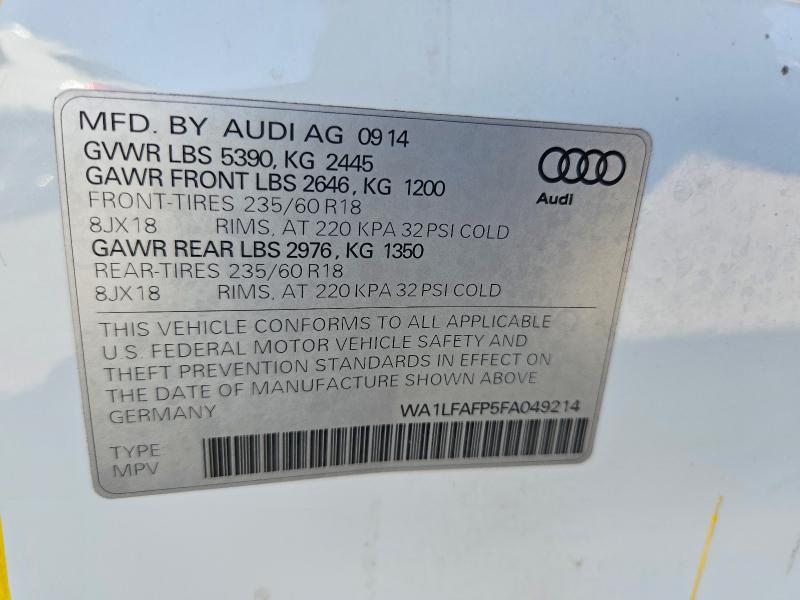 Aukcja sprzedaży 2015 Audi Q5, vin: WA1LFAFP5FA049214, numer aukcji: 60434346