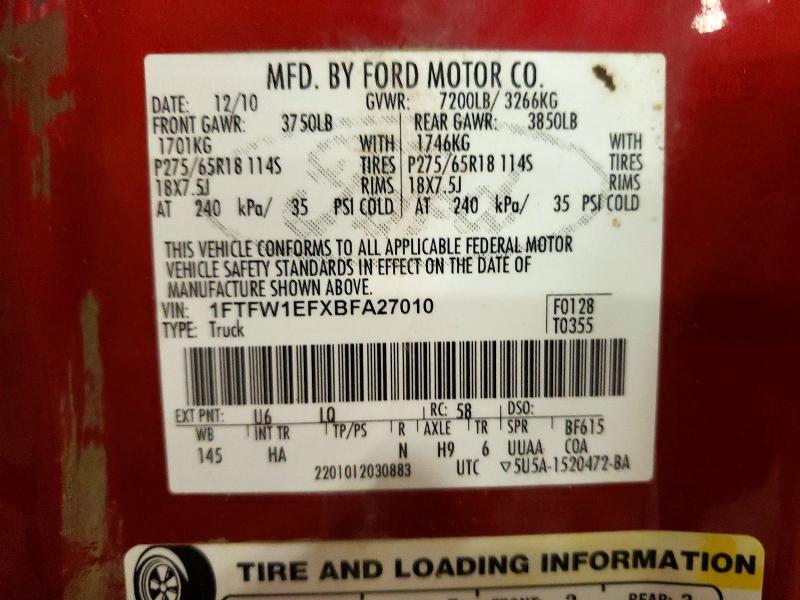 60178726 :رقم المزاد ، 1FTFW1EFXBFA27010 vin ، 2011 Ford F150 مزاد بيع