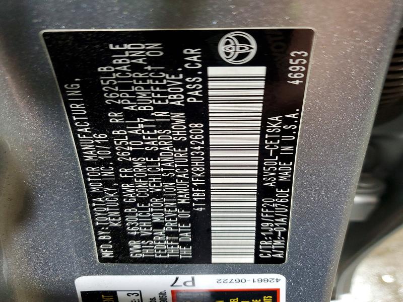 2017 Toyota Camry მანქანა იყიდება აუქციონზე, vin: 4T1BF1FK8HU342608, აუქციონის ნომერი: 61040576