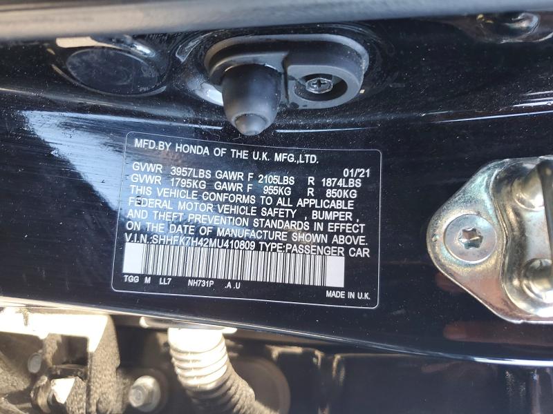Aukcja sprzedaży 2021 Honda Civic, vin: SHHFK7H42MU410809, numer aukcji: 60201696