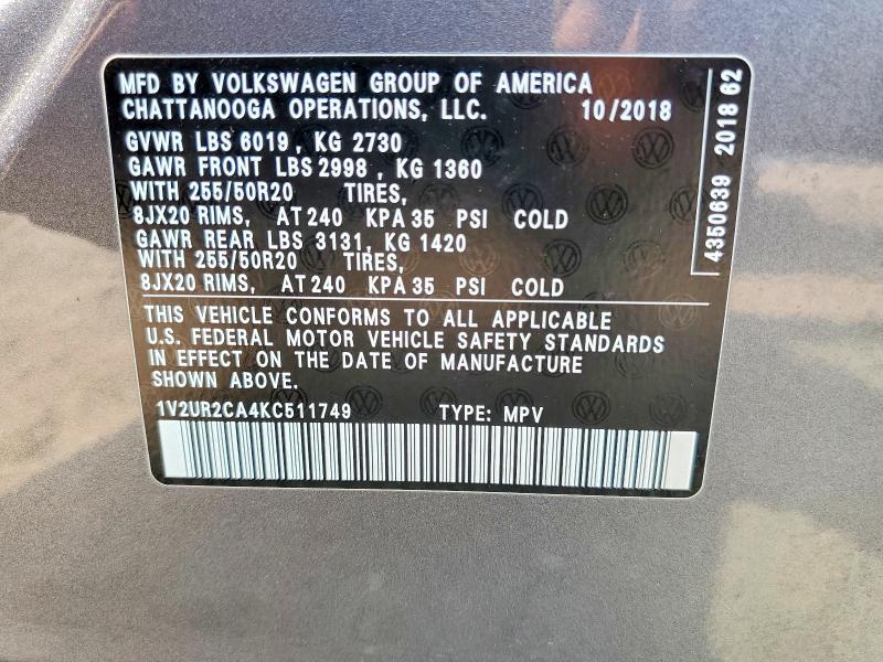 Aukcja sprzedaży 2019 Volkswagen Atlas, vin: 1V2UR2CA4KC511749, numer aukcji: 62035606